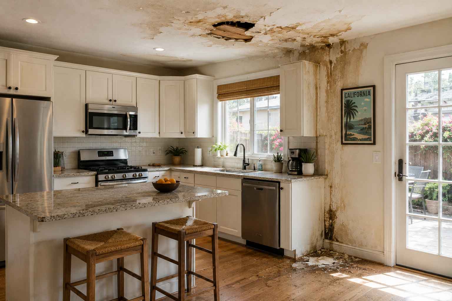 California kitchen with visible water damage on the ceiling and walls.