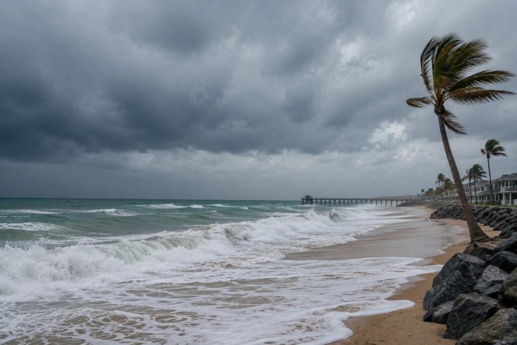 Storm clouds and rough waves along the Pacific coastline.