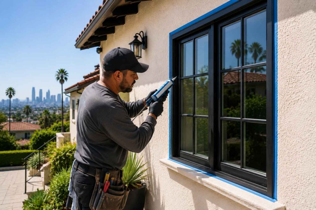 Professional waterproofing a home's window exterior.