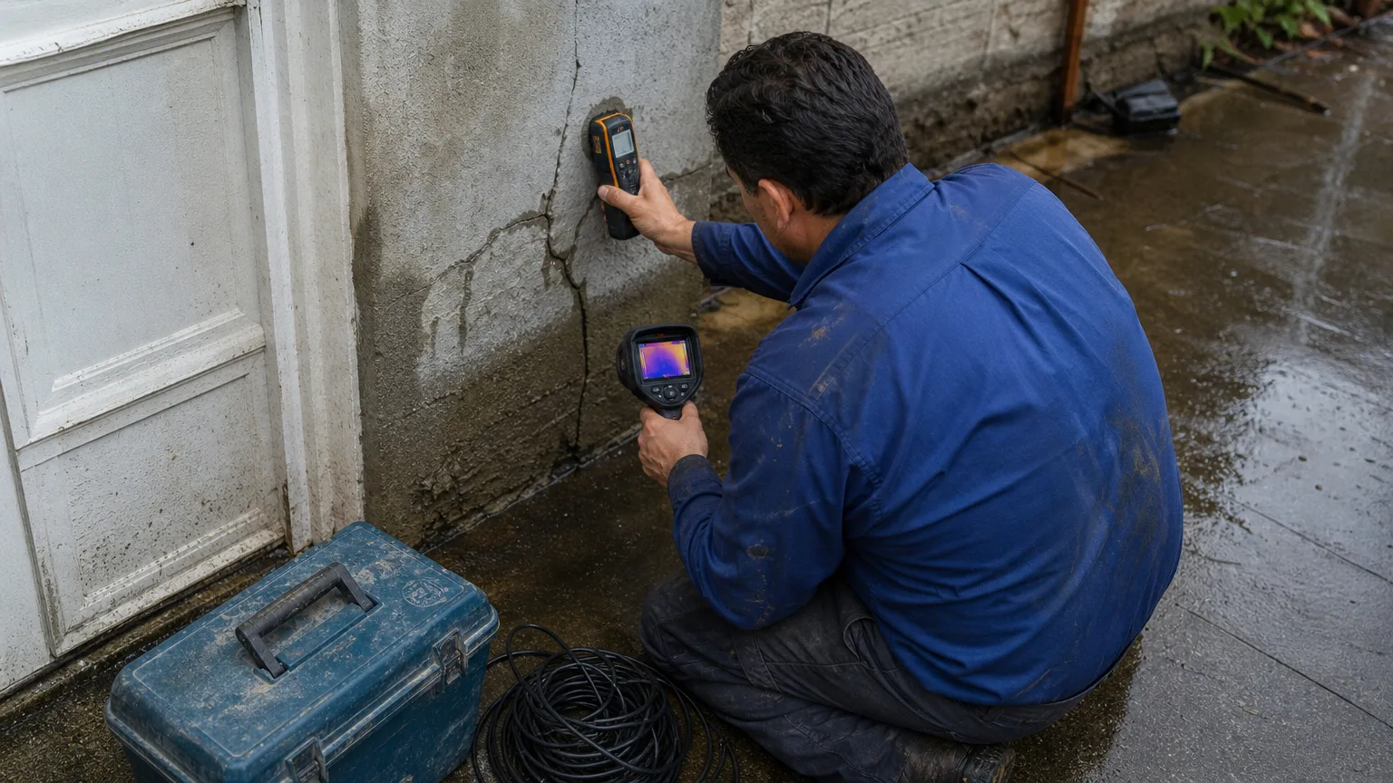 Absolute Maintenance technician using moisture meter and thermal camera to inspect foundation crack for water intrusion before a storm, kneeling on wet driveway near a scuffed toolbox.