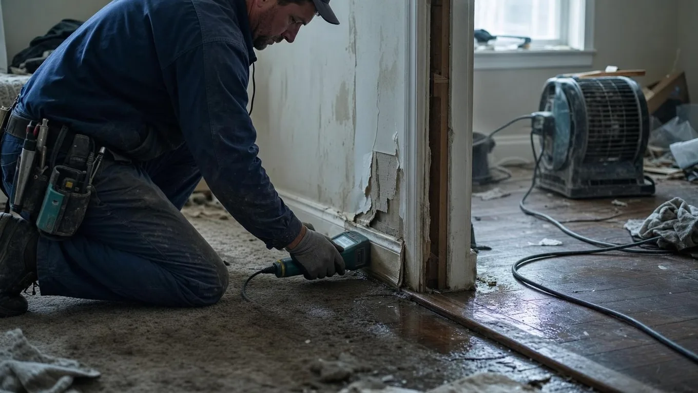 Technician using moisture meter on water-damaged baseboard and drywall, with air mover drying equipment in background, water damage restoration process