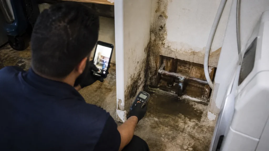 Mold inspector documenting water damage and mold after a burst pipe in a California home