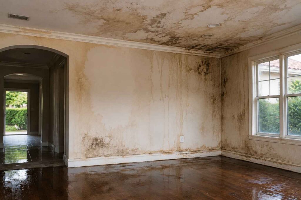 California home interior with visible water damage.