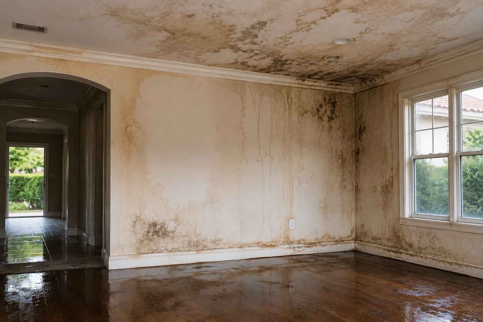 California home interior with visible water damage.