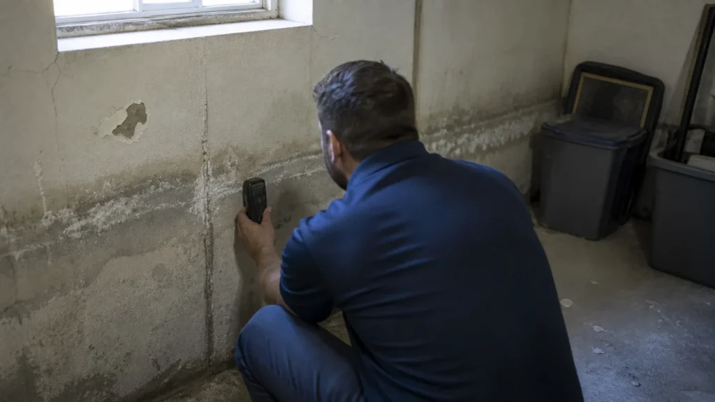 Water intrusion specialist measuring dampness on a basement foundation wall near a retaining wall drainage problem