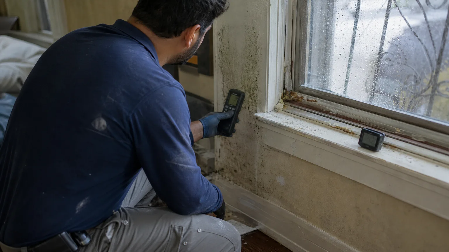 Mold inspector checks moisture near a recurring mold problem on a Los Angeles window