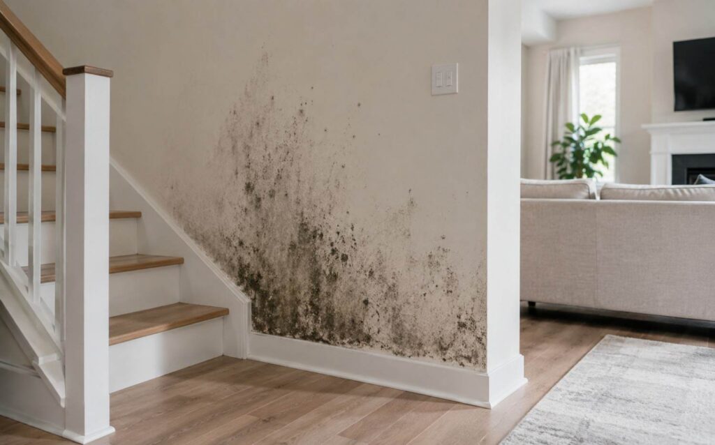 Mold growth spreading across a living room wall beside the stairs.