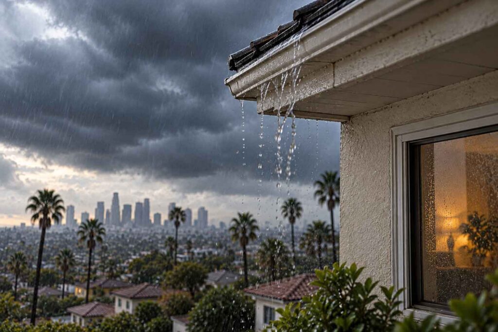 Rainy Los Angeles home with roof runoff.