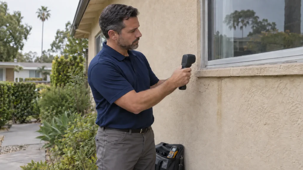 A restoration technician uses a moisture meter to inspect a Los Angeles home exterior.