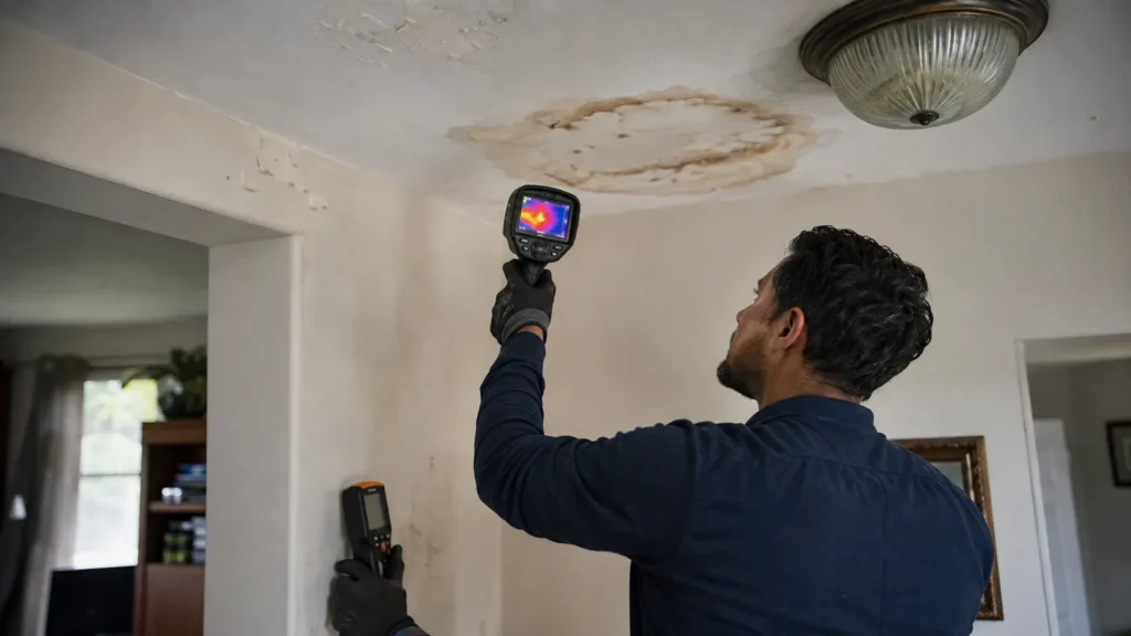 A technician uses an infrared camera to inspect a water stain on a residential ceiling.