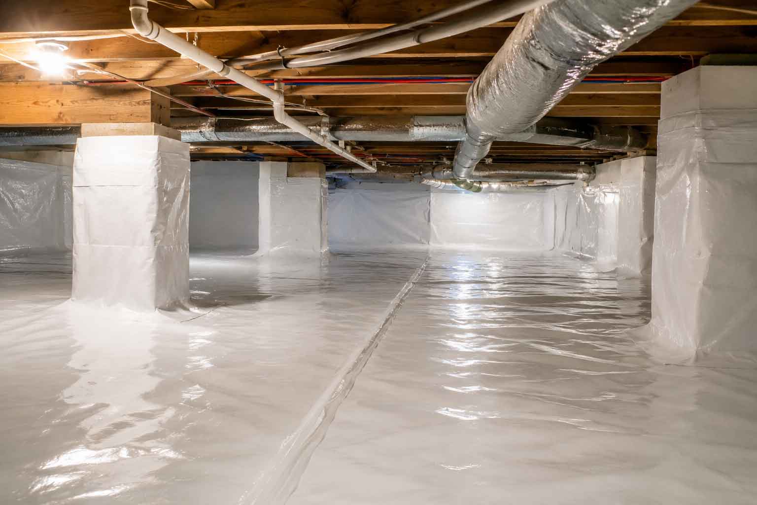 Clean crawl space with white vapor barriers